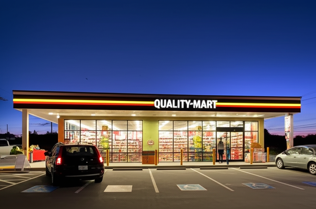 A Quality Mart convenience store at dusk.