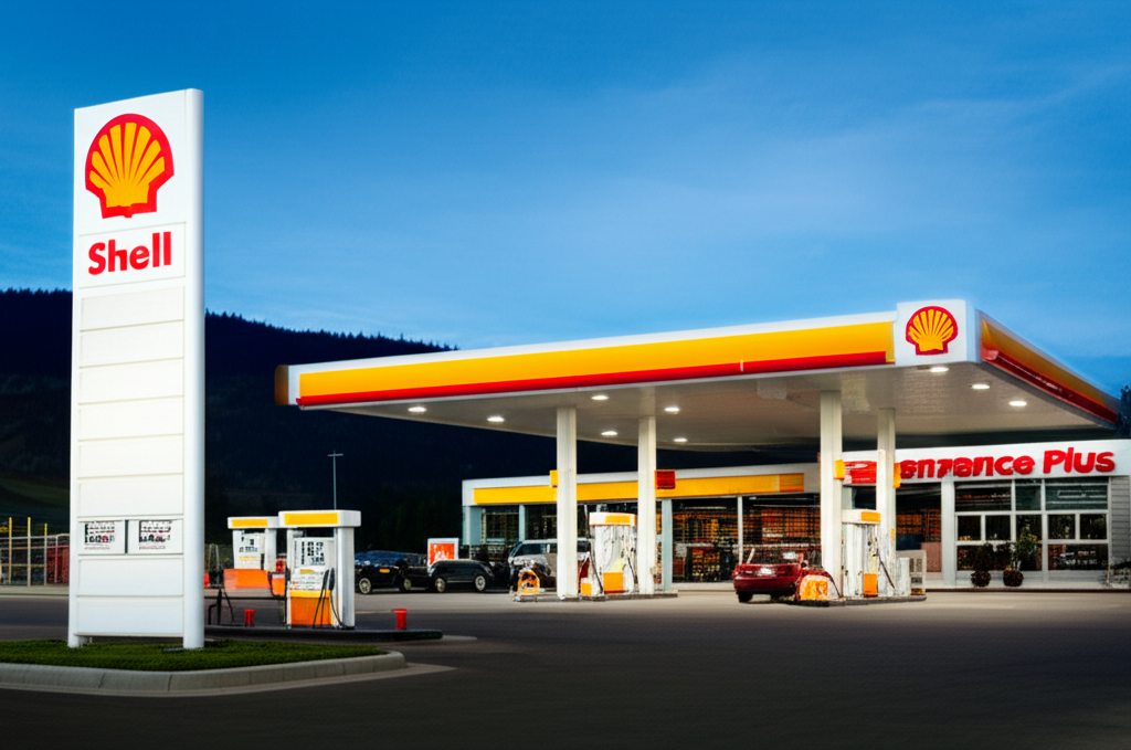 A Quality Plus gas station with Shell branding in a scenic location.