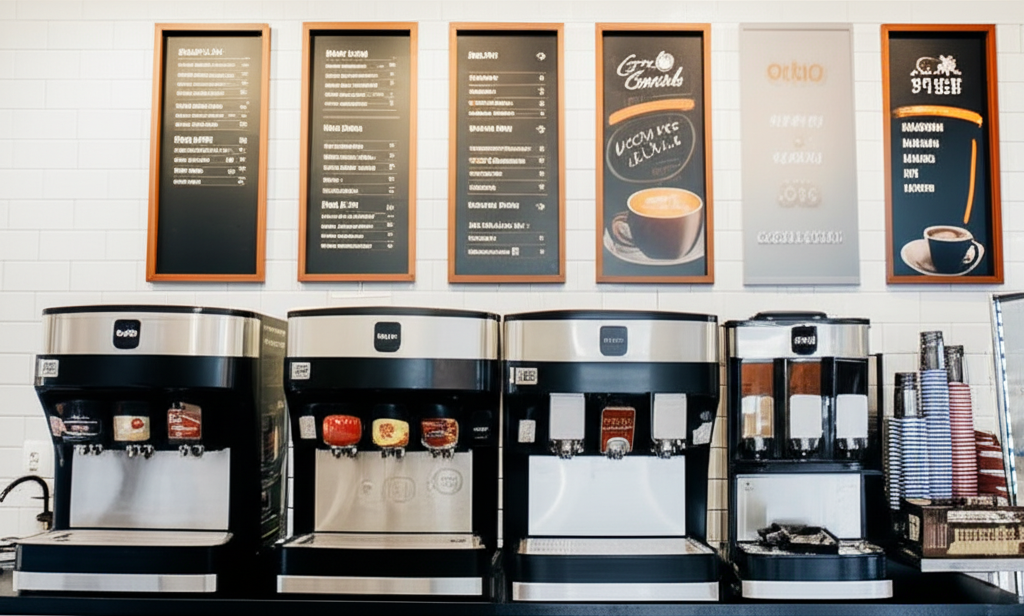 A modern and clean coffee wall at a Quality Mart store.